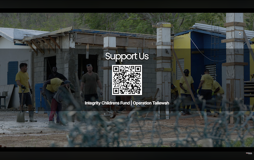 Group of volunteers pouring concrete in Jamaica post-Hurricane Melissa, overlaid with 'Support Us' text and QR code for donations – impactful donor engagement video footage from Integrity Children's Fund Operation TALLAWAH